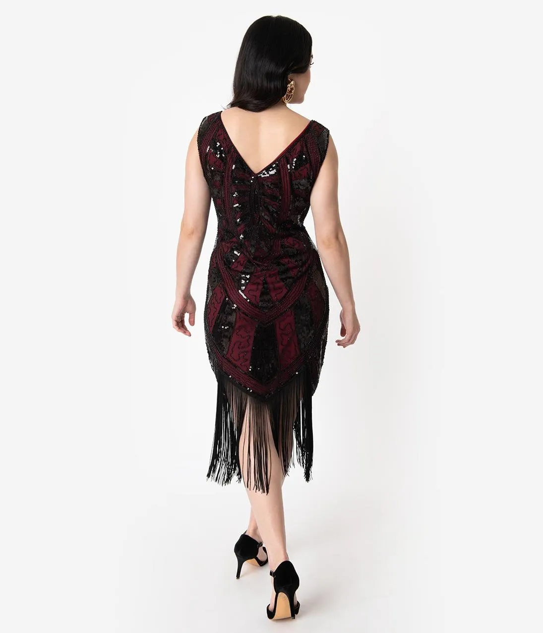 Unique Vintage 1920s Burgundy & Black Beaded Fringe Magdeleine Flapper Dress