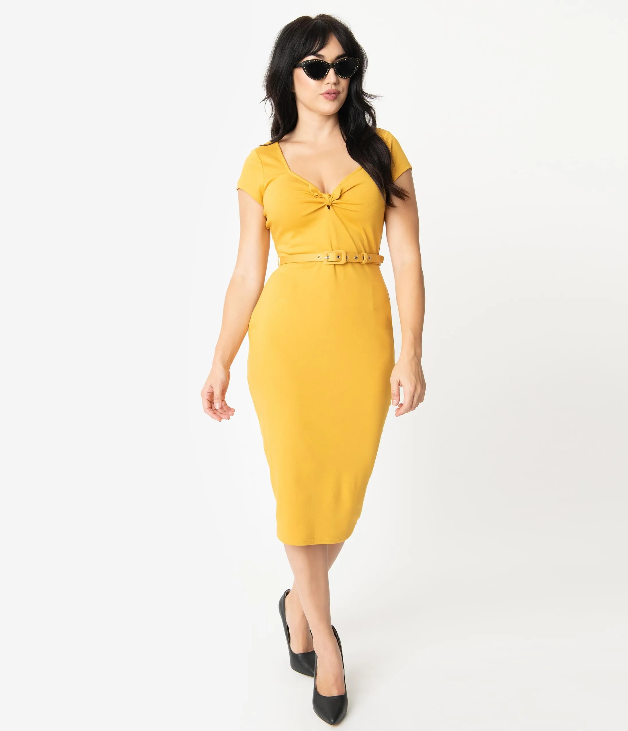 Unique Vintage 1950s Mustard Sweetheart Dianne Wiggle Dress