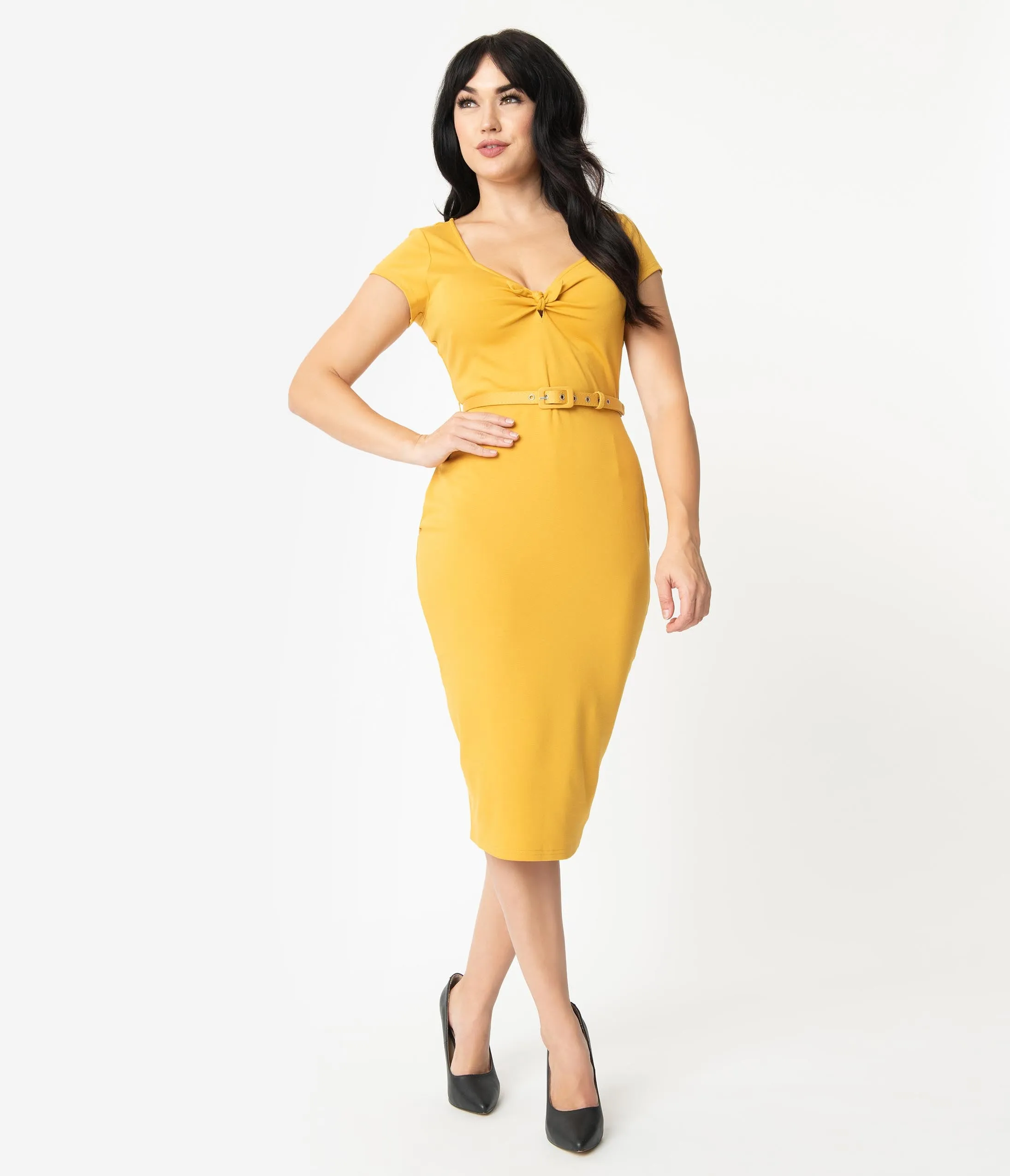 Unique Vintage 1950s Mustard Sweetheart Dianne Wiggle Dress