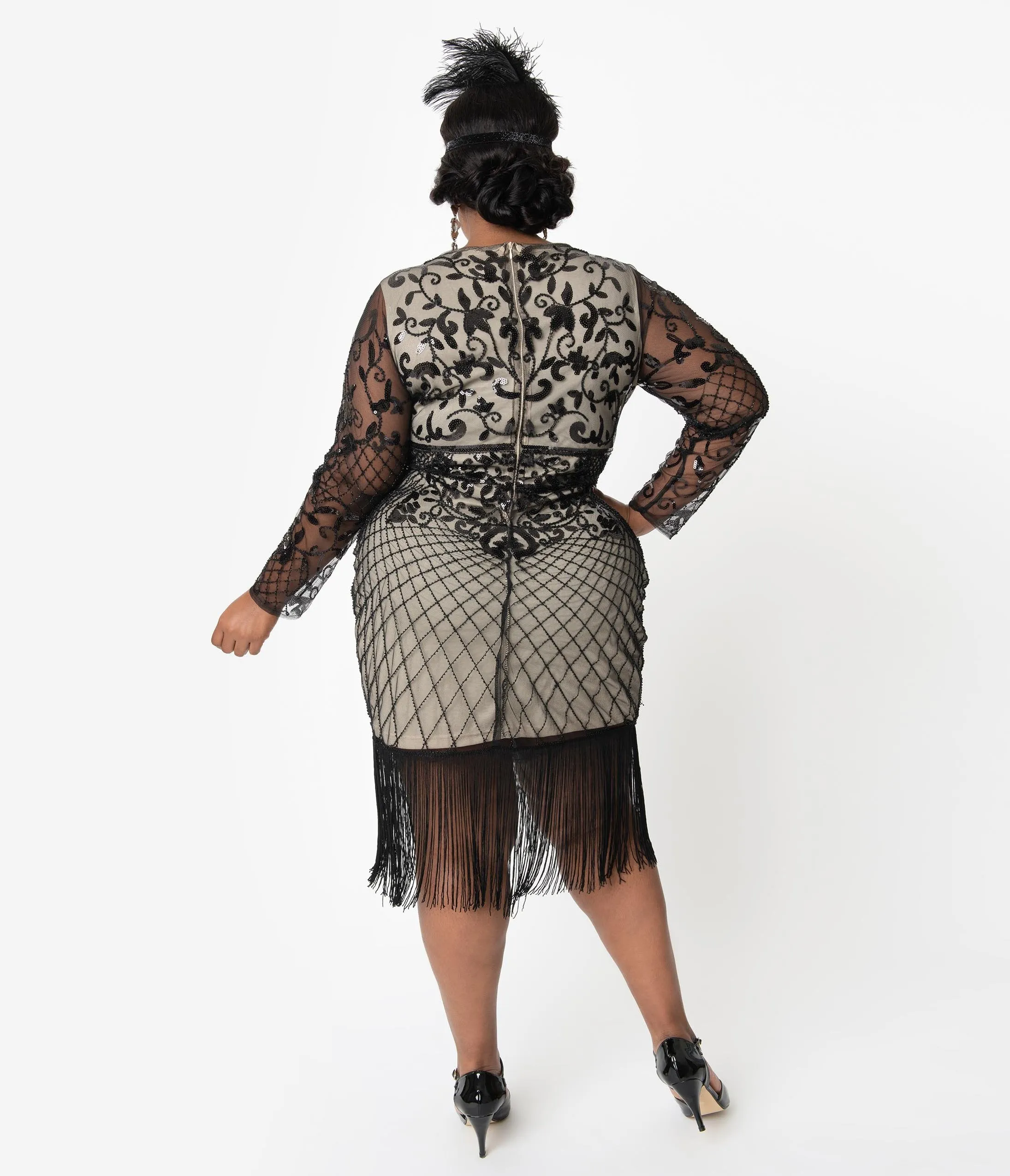 Unique Vintage Plus Size Black & Beige Sleeved Fringe Saint Martin Flapper Dress