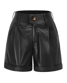 Vintage Faux Leather Shorts High Waist Fold-Over Leg Opening Shorts⏰Flash Sale