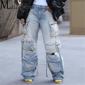 Vintage Wash Distressed Multi-pocket Jeans