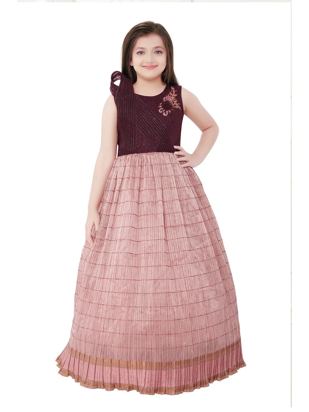 Wine Coloured Trendy Wire Styled Pattern Maxi Dress Gown For Girls