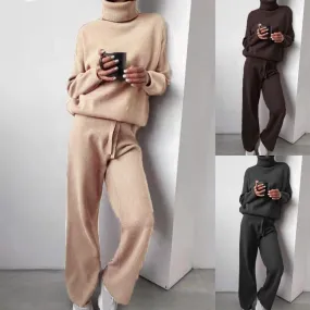 Winter Knitted Two-Piece Set – Cozy Turtleneck Pullover and Pants for Effortless Style & Comfort at Home or Out