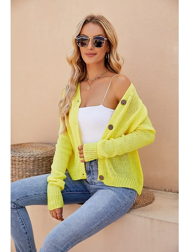 Women's Cardigan Sweater Jumper Chunky Knit Cropped Thin Pure Color V Neck Casual Outdoor Work Summer Spring Yellow Pink S M L