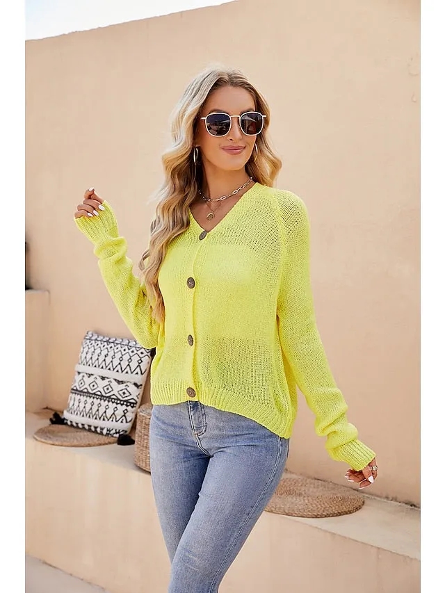 Women's Cardigan Sweater Jumper Chunky Knit Cropped Thin Pure Color V Neck Casual Outdoor Work Summer Spring Yellow Pink S M L