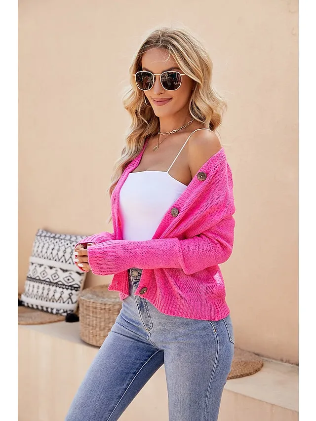 Women's Cardigan Sweater Jumper Chunky Knit Cropped Thin Pure Color V Neck Casual Outdoor Work Summer Spring Yellow Pink S M L