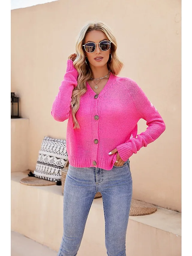 Women's Cardigan Sweater Jumper Chunky Knit Cropped Thin Pure Color V Neck Casual Outdoor Work Summer Spring Yellow Pink S M L