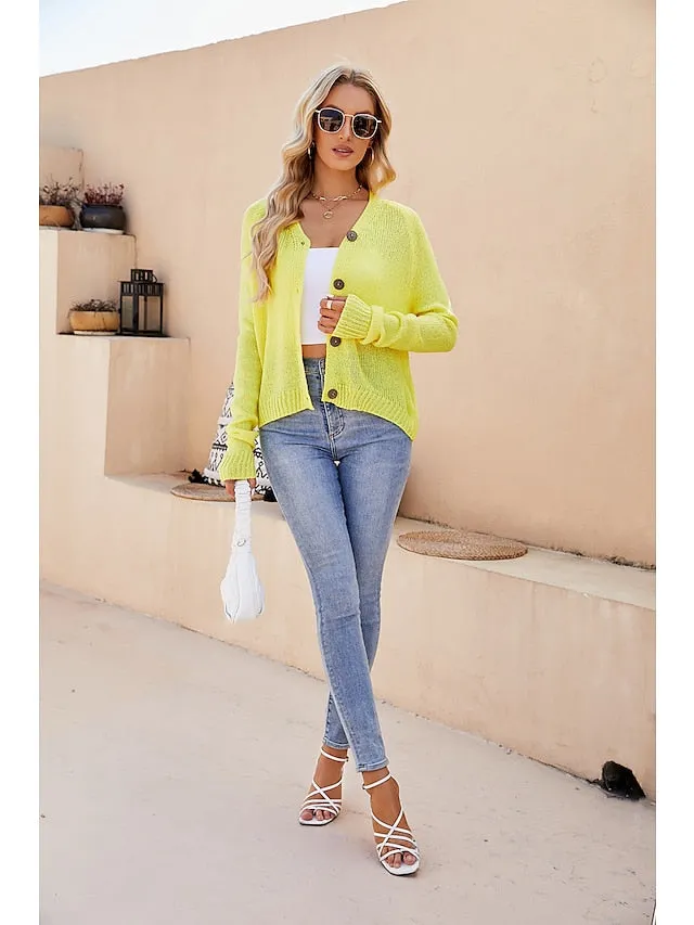 Women's Cardigan Sweater Jumper Chunky Knit Cropped Thin Pure Color V Neck Casual Outdoor Work Summer Spring Yellow Pink S M L