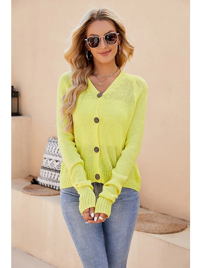 Women's Cardigan Sweater Jumper Chunky Knit Cropped Thin Pure Color V Neck Casual Outdoor Work Summer Spring Yellow Pink S M L