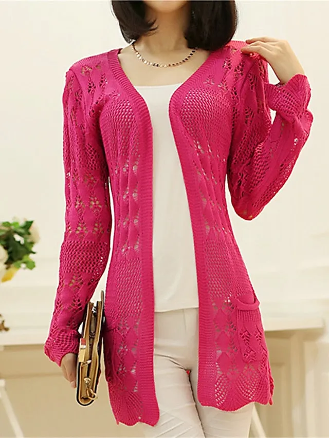 Women's Cardigan Sweater Jumper Crochet Knit Tunic Hollow Out Pocket Solid Color Open Front Stylish Casual Daily Going out Summer Spring Yellow Pink One-Size