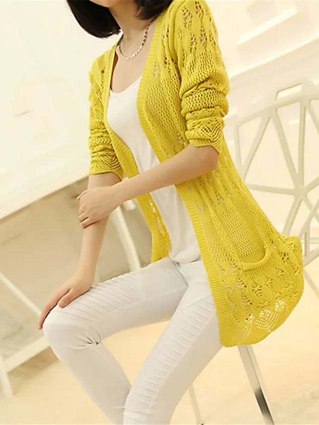 Women's Cardigan Sweater Jumper Crochet Knit Tunic Hollow Out Pocket Solid Color Open Front Stylish Casual Daily Going out Summer Spring Yellow Pink One-Size