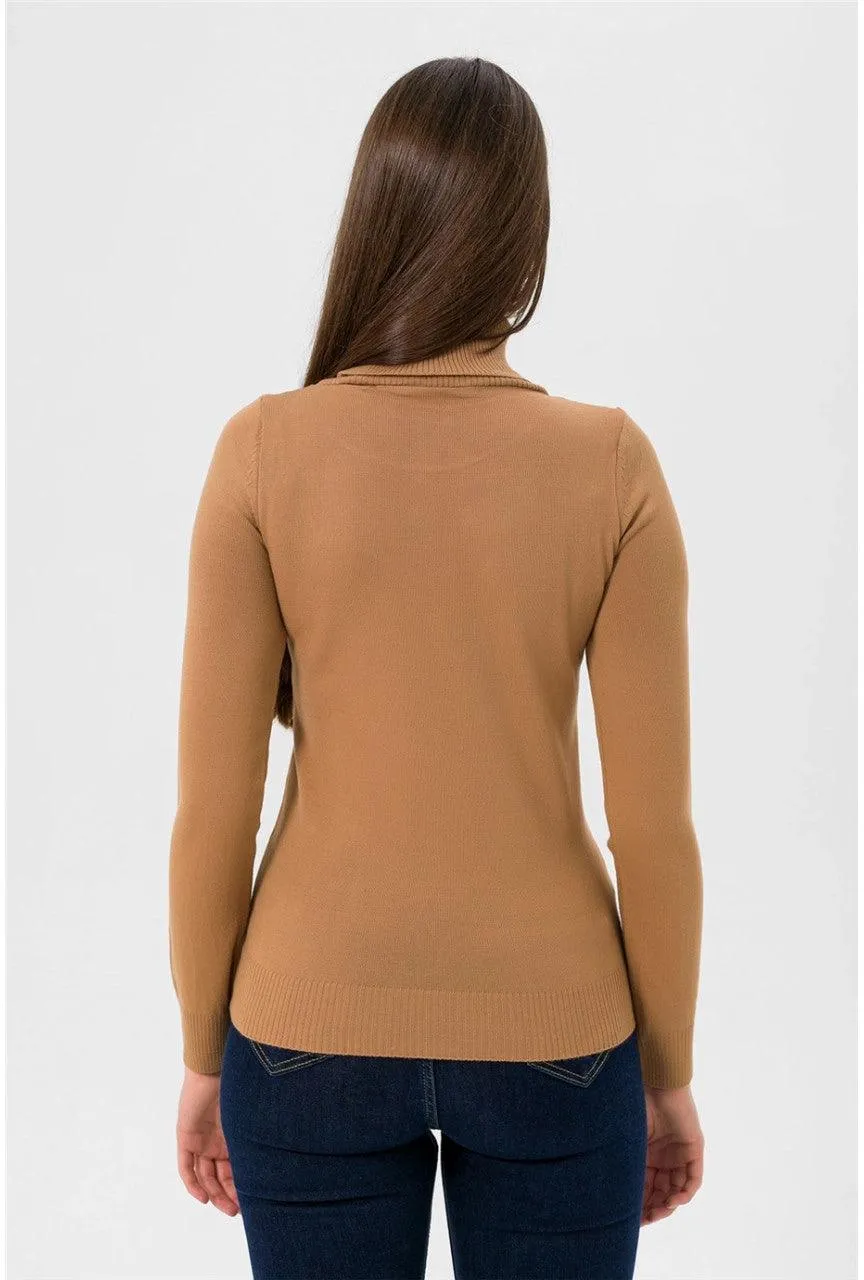 Womens Turtleneck Knitwear Sweater - Camel Brown | Soft and Elegant